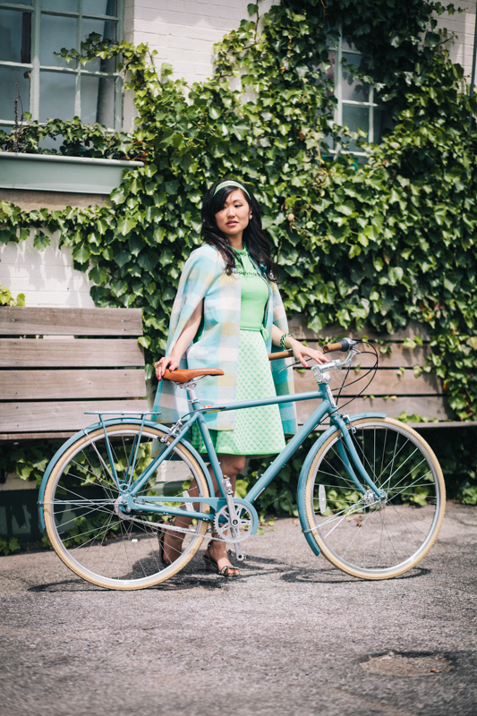 vintage cycling cape, bike in a skirt, bike pretty, bikepretty, pretty bike, girls on bikes, outfit ideas, cycle style, fashion bike, bike fashion, bike chic, bike style, girl on bike, cycle chic, vintage style, plaid cape, sea foam green, mint, green