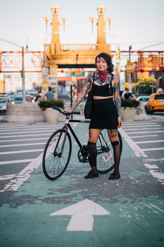 rides a Pike fixed gear bike  photographed at Delancey St. and Clinton St., Manhattan  going to a Fashion Week event at Milk Studios