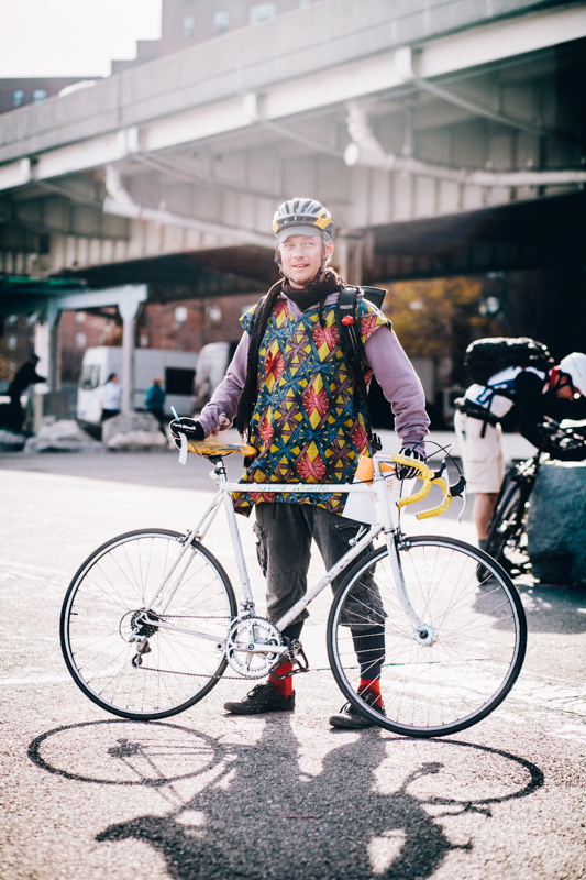 rides a Nishiki 10-speed bicycle  photograped at the East River Bike Path and 23rd St., Manhattan  at this year's Cranksgiving charity ride