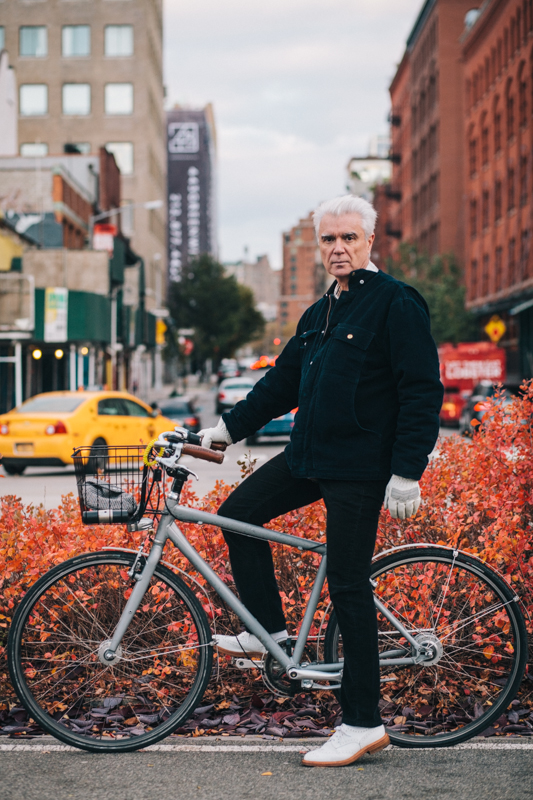 David Byrne rides a Jamis Commuter with custom Halo retro-reflective coating Photographed on the Hudson River Greenway at Watts St., Manhattan Heading home from work