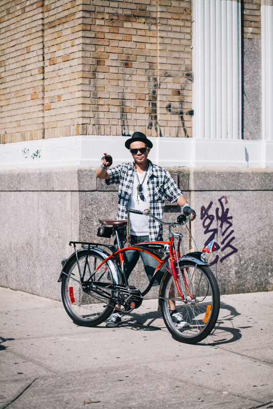 rides a vintage Scwhinn Cruiser Deluxe photographed at Havemeyer St. and Grand St., Brooklyn  hanging out at the Bicycle Fetish Day block party