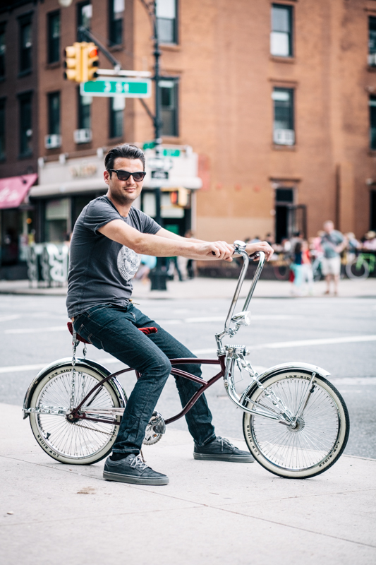 rides a Schwinn Stingray bike  photographed at 3rd St. and 5th Ave. in Brooklyn hanging out at the New York Bike Jumble