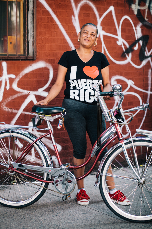 rides a vintage Schwinn cruiser  photographed at Havemeyer St. and Grand St., Brooklyn  hanging out at the Bicycle Fetish Day block party