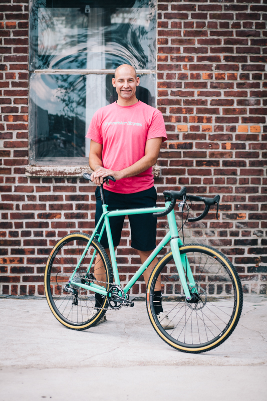 Doug with the Breismeister Columbus Max 11-speed cyclocross bike photographed at the Knockdown Center in Maspeth, Queens  while exhibiting at the Bike Cult Hand-Built Bike Show 