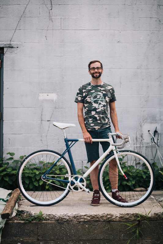 Mat with an Airtight Cycles Möbius Aero Crit bike photographed at the Knockdown Center in Maspeth, Queens  while exhibiting at the Bike Cult Hand-Built Bike Show