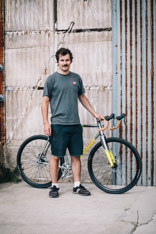 Bryan with a Royal H Cycles single speed cross bike  photographed at the Knockdown Center in Maspeth, Queens  while exhibiting at the Bike Cult Hand-Built Bike Show