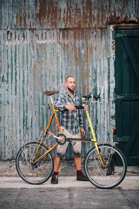 Hillel rides a Hillel Eflal Crossbreed tall bike photographed at the Knockdown Center in Maspeth, Queens  while exhibiting at the Bike Cult Hand-Built Bike Show