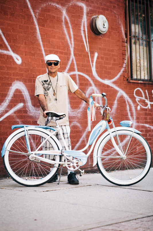 RIdes a vintage Schwinn Starlet Photographed at Havemeyer St. and Grand St., Brooklyn hanging out at the Bicycle Fetish Day block party