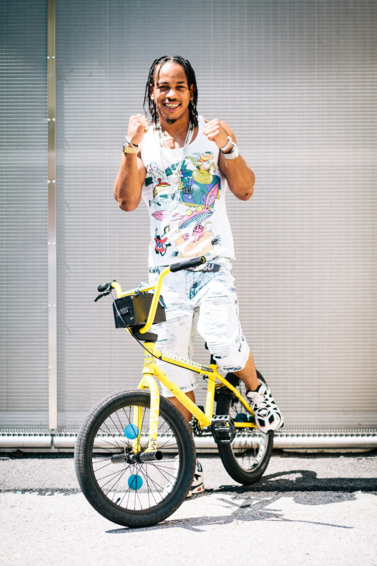 rides a Cult BMX limited edition Bart Simpson photographed at Mullaly Bikepark, The Bronx watching a friend compete at the annual Mullaly Classic